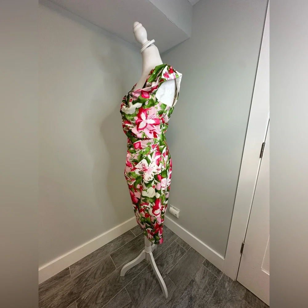 Tadashi Shoji  Floral Summer  Party Cocktail Tropical Midi Dress Size Medium - Picture 5 of 15
